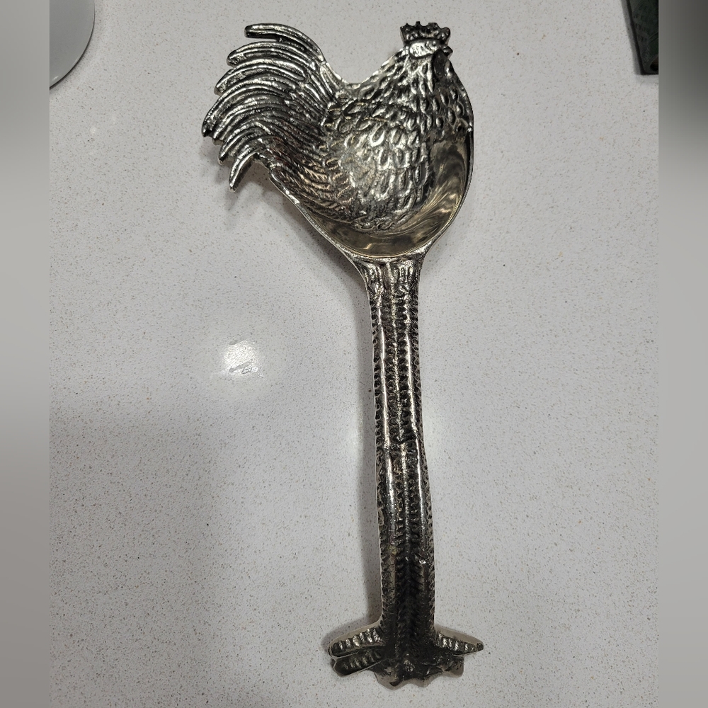 Country Rooster Spoon Rest Silver Metal Farmhouse Decor